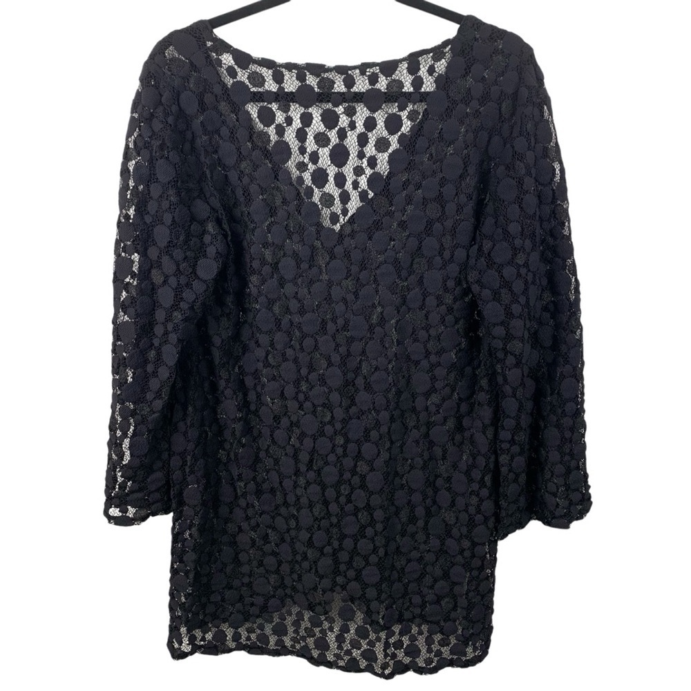 J. Valdi sz L Black Sheer Raised Polka Dot 3/4 Sleeve Lace Mesh Swim Cover Up